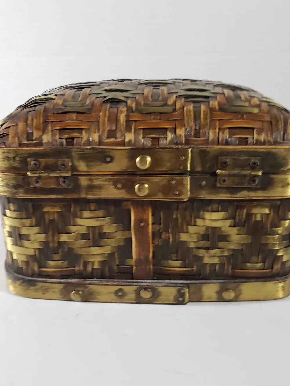 Vintage Woven Bamboo Basket Box Trunk Brass Trim Hardware Latch Boho Chest